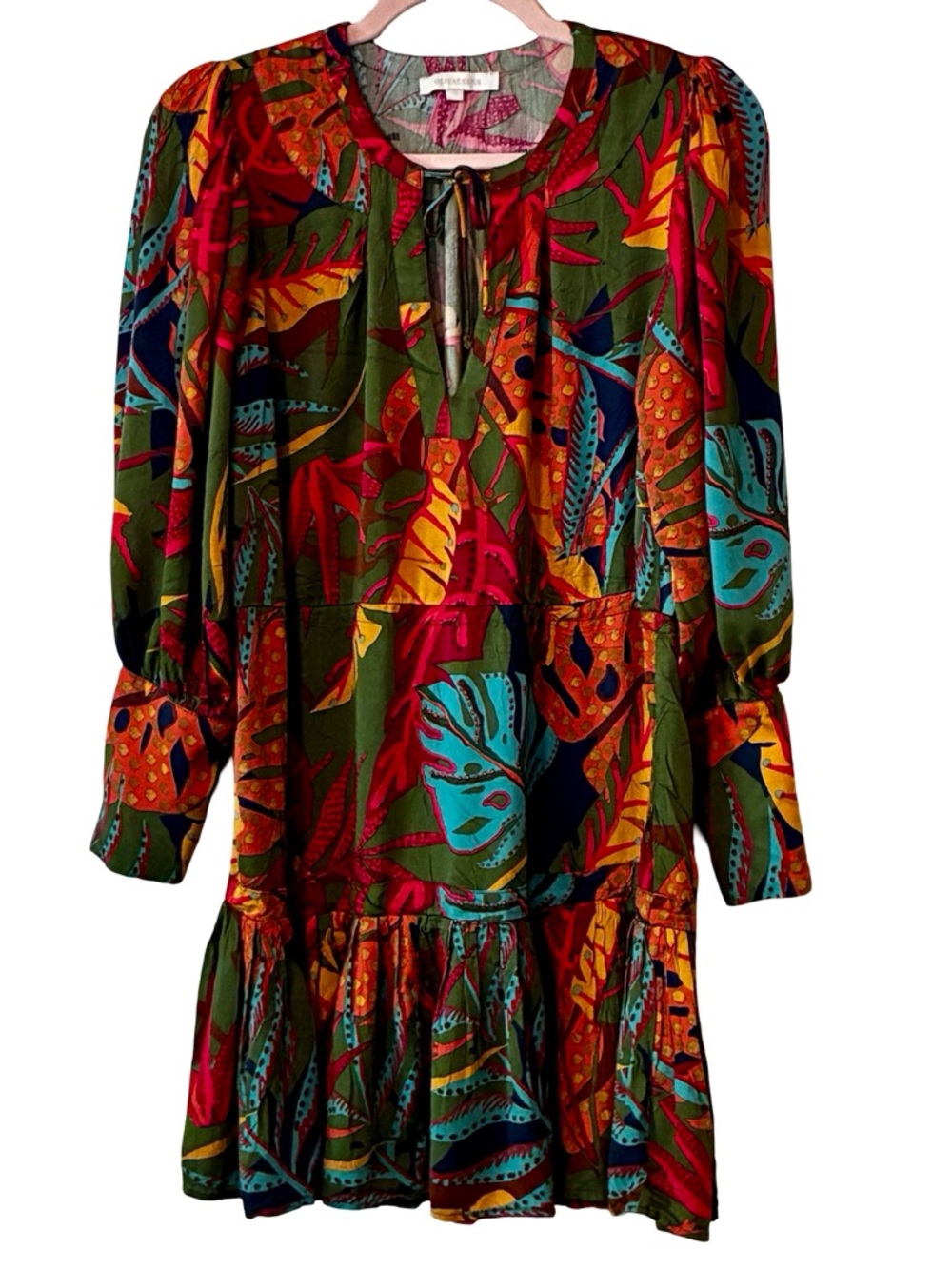 OLIVACEOUS Long-Sleeve Tiered Dress in Tropical Print, Size Small.